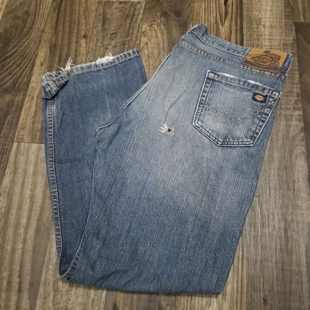 Vintage Dickies Mens 38x32 Distressed Leg Denim Jeans Pants Blue Has Hole